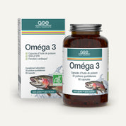 Eine Flasche und eine Schachtel „gse.organic.supplements Oméga 3 Huille de poisson (Bio)“ mit französischem Text, einer Fischillustration und Etiketten mit grünen Akzenten. Die Verpackung hebt die Vorteile von DHA und EPA hervor und betont, dass diese Bio-Omega-3-Kapseln gluten- und laktosefrei sind.
