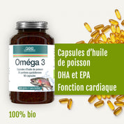 Eine Flasche „Oméga 3 Huille de poisson (Bio)“ von gse.organic.supplements ist neben losen Kapseln abgebildet. Der Text hebt die Eigenschaften des Produkts hervor: Omega-3-Fischöl mit DHA und EPA, unterstützt die Herzfunktion, 100 % biologisch, gluten- und laktosefrei.