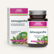 Eine Flasche und Schachtel von gse organic supplements Ashwagandha (Bio) Tabletten, gekennzeichnet als vegan, gluten- und laktosefrei. Die ayurvedische Verpackung zeigt grüne Blätter, lila Akzente, deutschen Text und hebt die Kraft des indischen Ginsengs hervor.