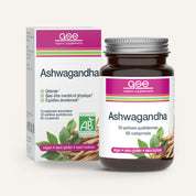 Abgebildet sind eine Flasche und eine Schachtel des Bio-Nahrungsergänzungsmittels Ashwagandha (Bio) FR von gse. Auf dem Etikett sind die ayurvedischen Vorteile für Entspannung, körperliches und geistiges Wohlbefinden und emotionales Gleichgewicht vermerkt. Das Ergänzungsmittel ist vegan, glutenfrei und laktosefrei.