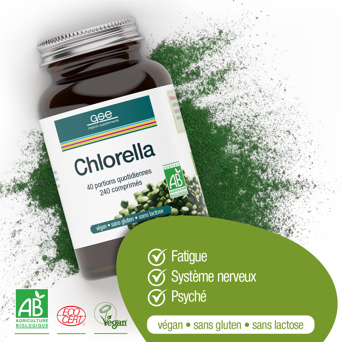 Eine Flasche gse.organic.supplements Chlorella (Tabletten) FR ist mit grünem Pulver abgebildet. Das Etikett weist auf die vegane, gluten- und laktosefreie Rezeptur sowie auf Vitamin B12 zur Unterstützung von Energie, Nervensystem und geistigem Wohlbefinden hin.