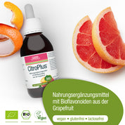 Eine Flasche CitroPlus® 800 - Grapefruitkernextrakt (Bio) von gse.organic.supplements ist mit einer aufgeschnittenen Grapefruit abgebildet. Der Text hebt die bio-zertifizierte, pflanzliche, vegane, gluten- und laktosefreie Formel hervor, die reich an Bioflavonoiden ist.