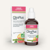 Eine Flasche CitroPlus® 1200 forte (Bio) FR von gse.organic.supplements mit einem Tropfverschluss ist neben der Verpackung abgebildet. Beide haben französische Etiketten und rosa, weiße und grüne Akzente, die den natürlichen Bioflavonoidgehalt betonen.