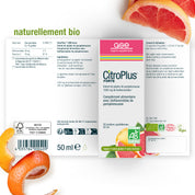 Schachtel mit CitroPlus® 1200 forte (Bio) FR von gse.organic.supplements, einem biologischen und veganen 50-ml-Nahrungsergänzungsmittel mit Grapefruitkernextrakt und Bioflavonoiden, abgebildet auf weißem Hintergrund mit Grapefruit- und Orangenscheiben.