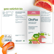 CitroPlus® 800 Grapefruitkernextrakt (Bio) von gse.organic.supplements zeichnet sich durch eine Verpackung mit Grapefruitscheiben, Bio- und Vegan-Etiketten sowie einem deutschen Text aus, der die pflanzlichen Inhaltsstoffe und die Vorteile der Bioflavonoide hervorhebt.