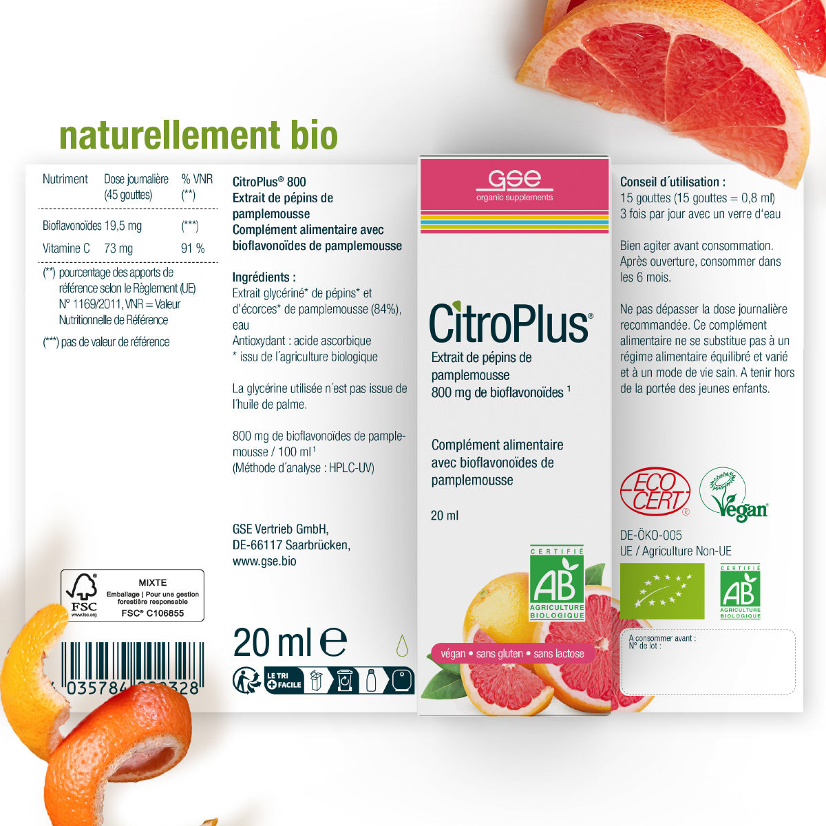 Schachtel mit CitroPlus® 800 (Bio) FR von gse.organic.supplements. Die französische Verpackung mit Grapefruitmotiven hebt die vegane, biologische Formel und 800 mg Bioflavonoide hervor.