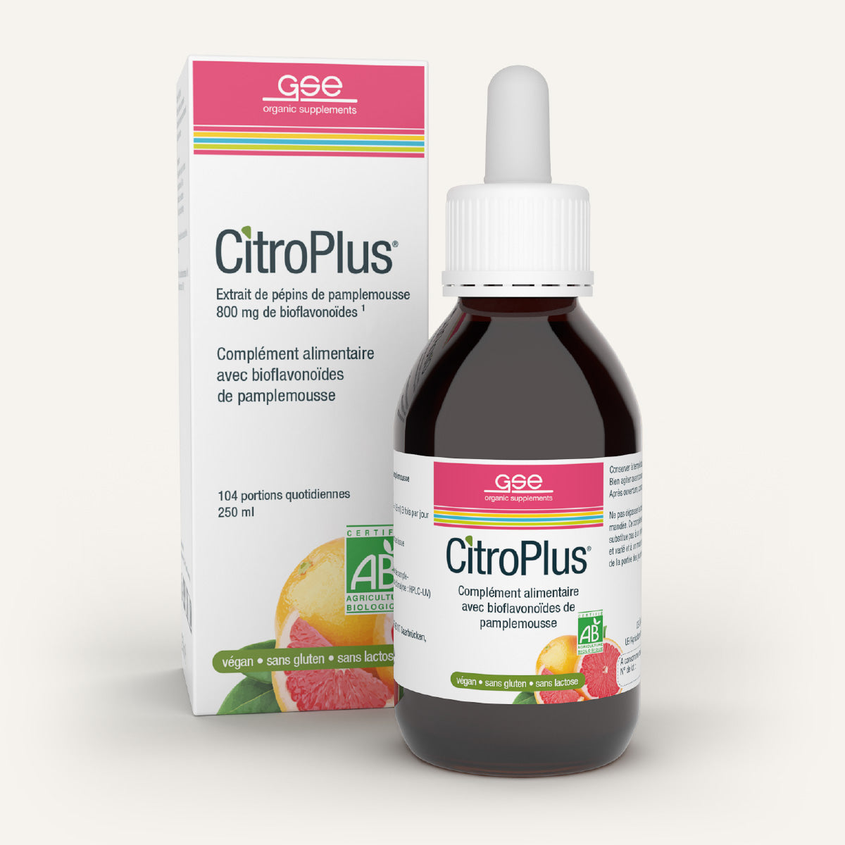 Eine Flasche CitroPlus® 800 (Bio) FR von gse.organic.supplements mit einem Tropfverschluss steht vor der Schachtel mit einer biologischen, veganen und glutenfreien Formel, die reich an 800 mg Bioflavonoiden ist.
