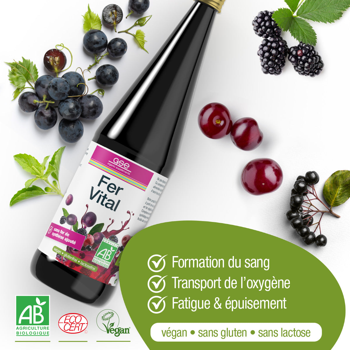 Eine Flasche Eisen Vital Complex (Bio) FR von gse.organic.supplements ruht auf einer weißen Fläche mit Trauben, Kirschen und schwarzen Johannisbeeren. Der Text hebt die Unterstützung der Blutbildung, den Sauerstofftransport und die Verringerung von Müdigkeit hervor. Vegane, gluten- und laktosefreie Etiketten sichtbar.