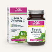 Eine Schachtel und Braunglasflasche von gse.organic.supplements Eisen & Vitamin C Complex (Bio), ein veganes, glutenfreies, laktosefreies Produkt mit 60 Tabletten pflanzliches Eisen.