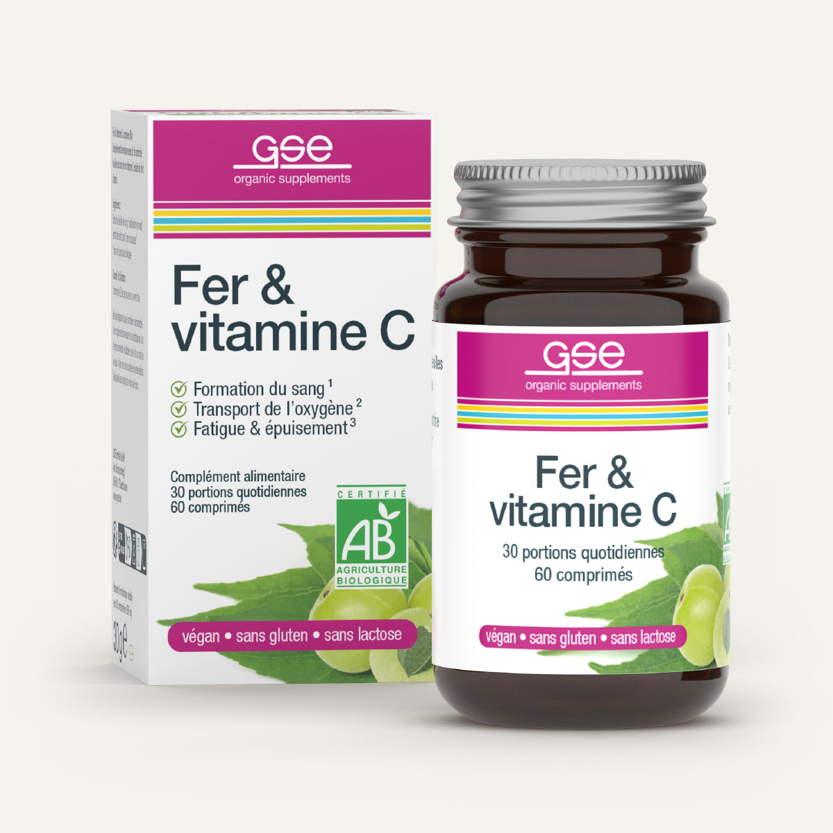 Eine Flasche und eine Packung „gse.organic.supplements Eisen & Vitamin C Complex (Bio) FR“, ein veganes, glutenfreies Nahrungsergänzungsmittel auf pflanzlicher Basis, das die Blutbildung unterstützt und Müdigkeit lindert. Auf der Verpackung steht „Nahrungsergänzungsmittel“.