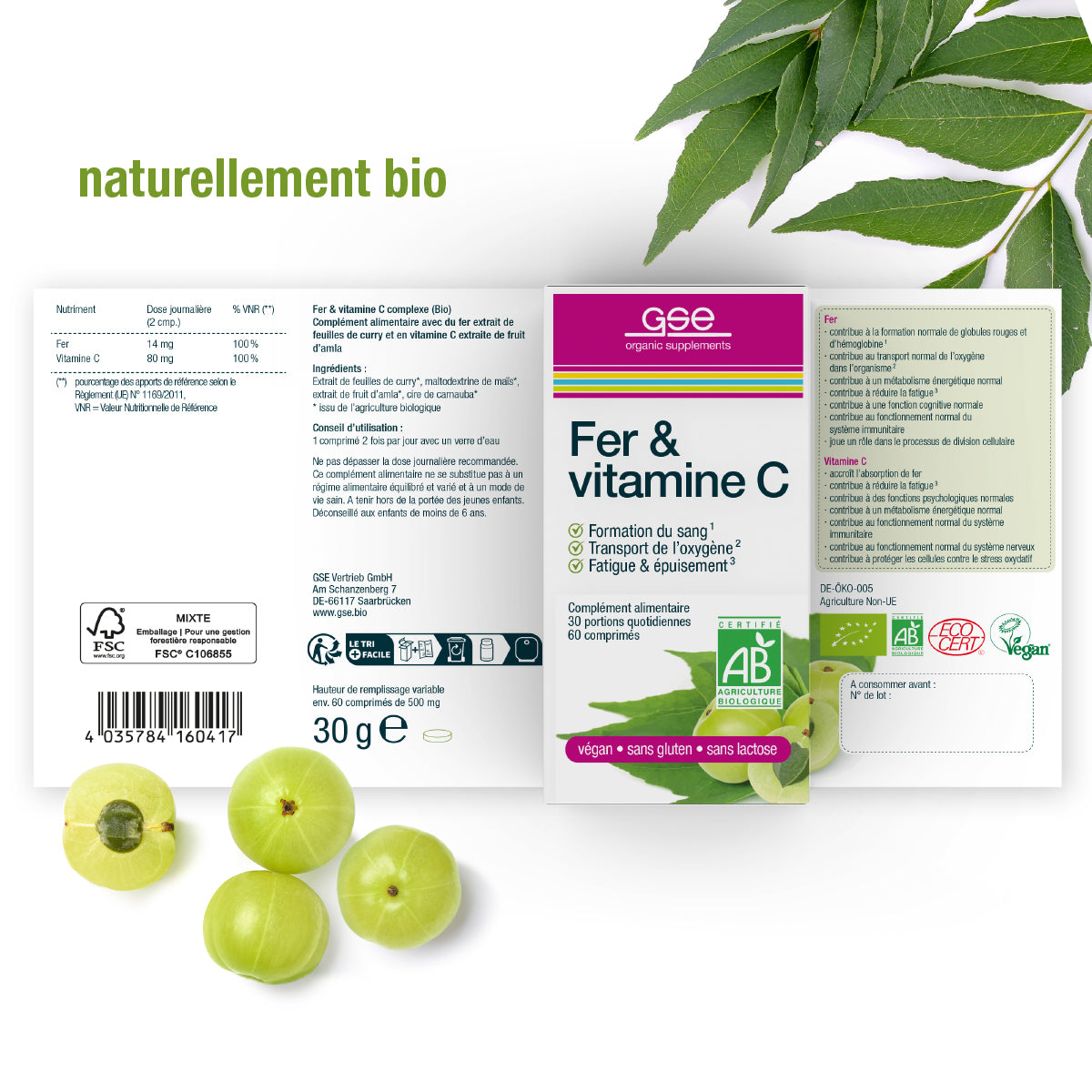 Verpackung des Eisen- und Vitamin-C-Komplexes (Bio) FR von gse.organic.supplements, mit Produktinformationen, Zertifizierungen und Abbildungen von Amla-Beeren und grünen Blättern. Auf der Verpackung wird hervorgehoben, dass es sich um einen veganen Vitamin-C-Komplex handelt, der laktosefrei ist und in Frankreich hergestellt wird.