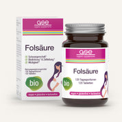 Abgebildet sind eine Flasche und eine Schachtel gse.organic.supplements Folsäure Compact (Bio) mit der Aufschrift "bio", vegan, glutenfrei und laktosefrei. Die Verpackung zeigt eine schwangere Frau und hebt Zellteilung & weniger Müdigkeit in Schwangerschaft und Stillzeit hervor.