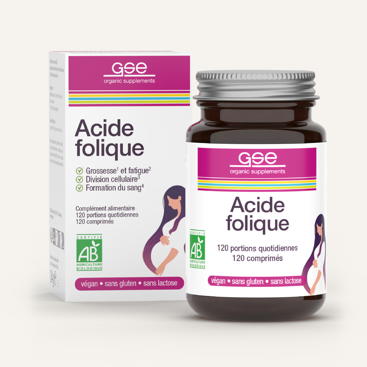 Eine Flasche und eine Schachtel gse.organic.supplements Folsäure Compact (Bio) FR mit lila, grünen und rosafarbenen Akzenten unterstreichen die vegane, glutenfreie und laktosefreie Formel zur Unterstützung der Folsäure Schwangerschaft.