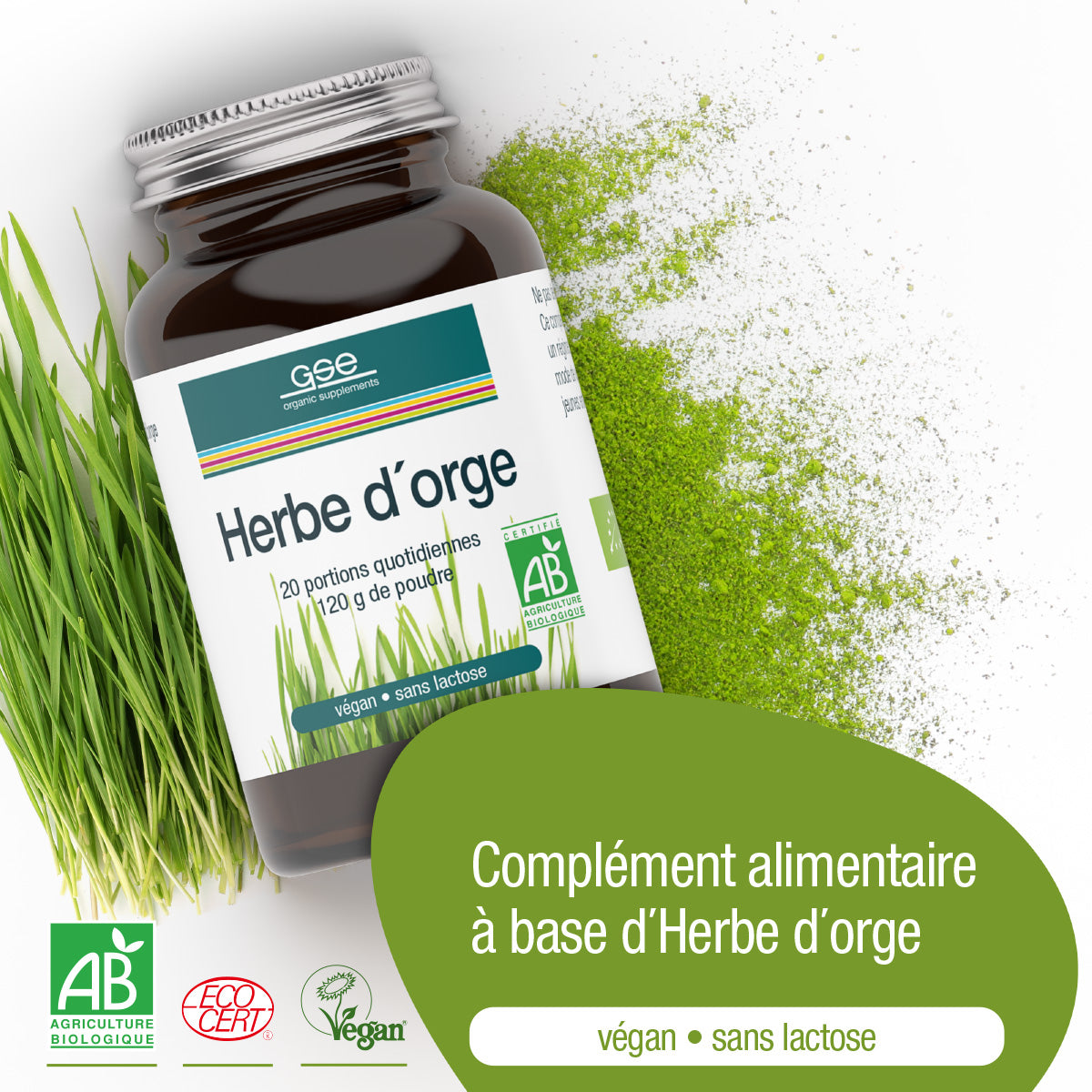 Ein braunes Ergänzungsglas mit der Aufschrift Gerstengras Pulver (Bio) FR von gse.organic.supplements steht auf einer Fläche mit nährstoffreichem Gerstengraspulver und frischen Halmen, die vegan, laktosefrei, EcoCert Bio und Vegan zertifiziert sind.