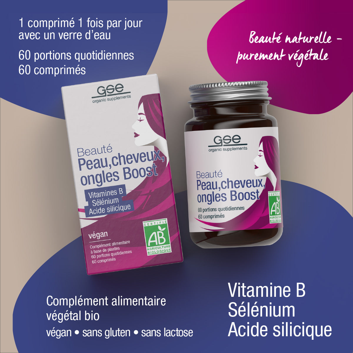 Eine Schachtel und ein Glas gse.organic.supplements Beauty Haut, Haare, Nägel Boost (Bio) FR sind mit einem stilisierten weiblichen Profil abgebildet. Der Text hebt B-Vitamin, Selen und Kieselsäure für eine umfassende Unterstützung von Haaren, Haut und Nägeln hervor.