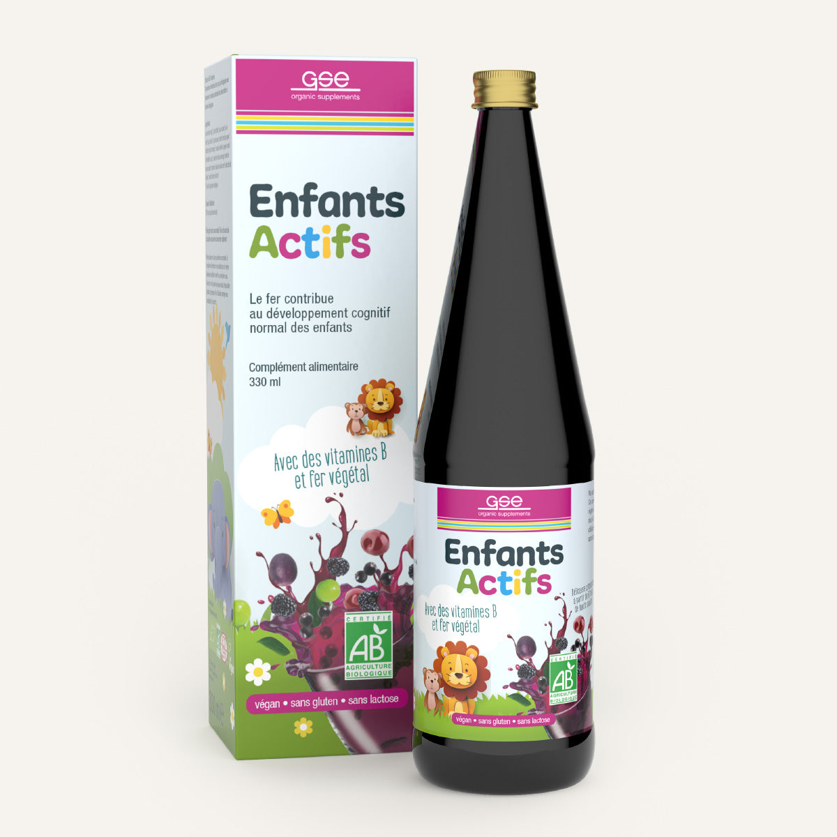 Eine Flasche und eine Schachtel Kinder Aktiv Complex (Bio) FR von gse.organic.supplements für Kinder, auf denen bunte Tiere und Pflanzen abgebildet sind. Das Etikett hebt Eisen auf pflanzlicher Basis, B-Vitamine und die vegane, gluten- und laktosefreie Bio-Formel hervor.