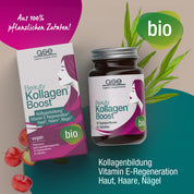 Ein Bild von Beauty Kollagen-Boost (Bio) von gse.organic.supplements zeigt eine Dose und einen Tiegel mit Pflanzenblättern und Kirschen, die pflanzliches Kollagen hervorheben. Die vegane Bio-Nahrungsergänzung unterstützt Haut, Haare und Nägel.