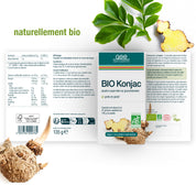 Schachtel mit gse.organic.supplements BIO Konjac FR Pulver mit französischer Produktinformation inmitten von grünen Blättern und Konjakwurzel. Die Verpackung zeigt, dass es biologisch und vegan ist. Der Text lautet "naturellement bio".
