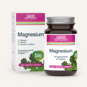 Eine Flasche und eine Schachtel gse.organic.supplements Magnesium (Bio) aus biozertifizierten Grünalgen, vegan, gluten- und laktosefrei für Muskeln und Knochen; mit grüner Blattgrafik und "Bio"-Symbol auf weißer Verpackung.