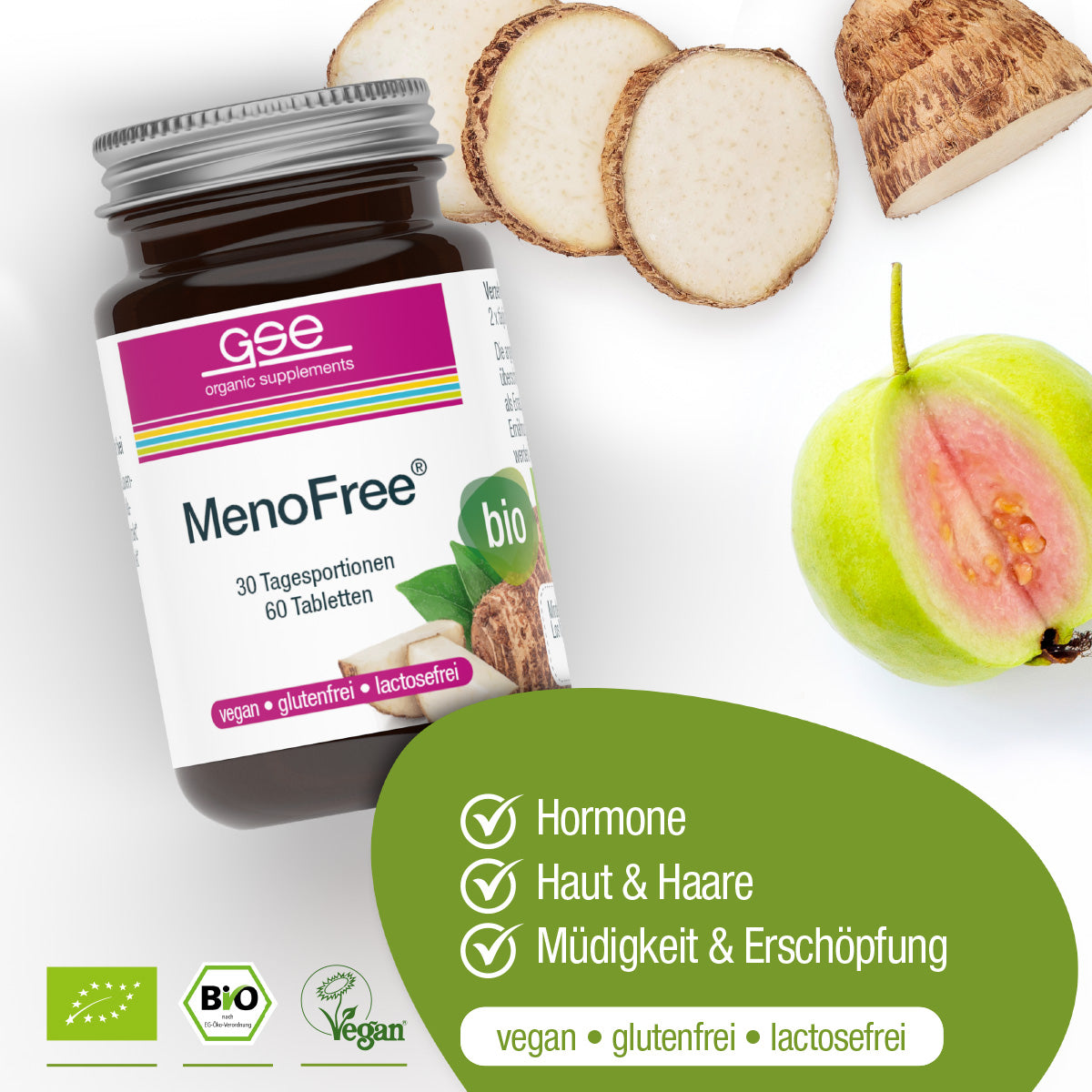 Eine Flasche gse.organic.supplements MenoFree (Bio) wird mit geschnittenem Wurzelgemüse und einer Guave präsentiert. Grüne Symbole zeigen, dass es vegan, glutenfrei und laktosefrei ist und mit B-Vitaminen die Hormone, Haut und Haare sowie die Energie in den Wechseljahren unterstützt.