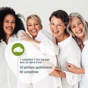 Vier lächelnde Frauen unterschiedlichen Alters in weißen Hemden stehen beieinander, der Text hebt gse.organic.supplements Ménopause (Bio): unterstützt den Hormonstoffwechsel während der Wechseljahre, 2x täglich, 60 Tabletten, essentielle B-Vitamine.