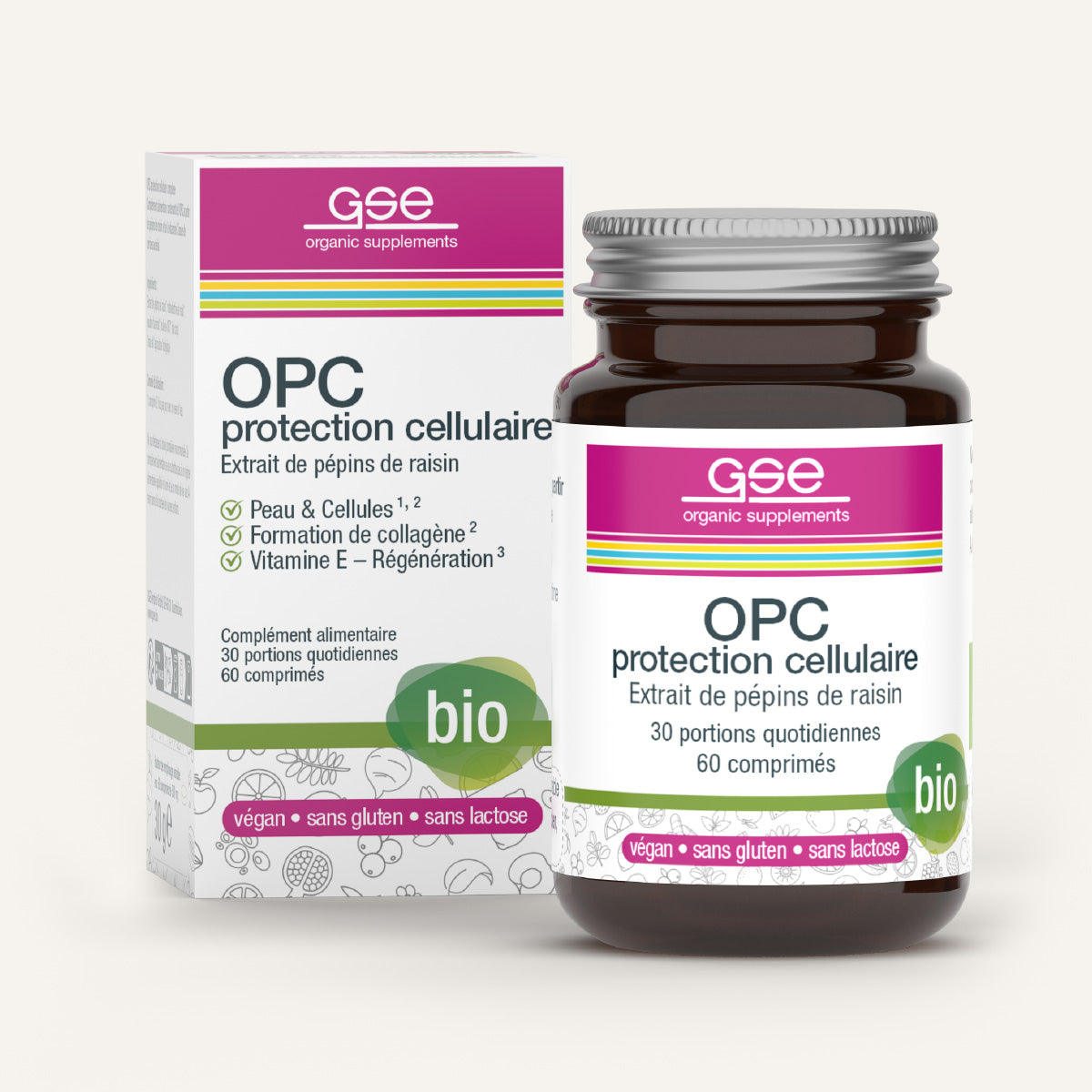 Eine Flasche und Schachtel gse.organic.supplements OPC Zellschutz Complex (Bio) FR mit 60 veganen, gluten- und laktosefreien Tabletten, hergestellt aus OPC Traubenkernen, Flavonoiden und Bio Vitamin C Acerolakirschen.