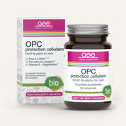 Eine Flasche und Schachtel gse.organic.supplements OPC Zellschutz Complex (Bio) FR mit 60 veganen, gluten- und laktosefreien Tabletten, hergestellt aus OPC Traubenkernen, Flavonoiden und Bio Vitamin C Acerolakirschen.