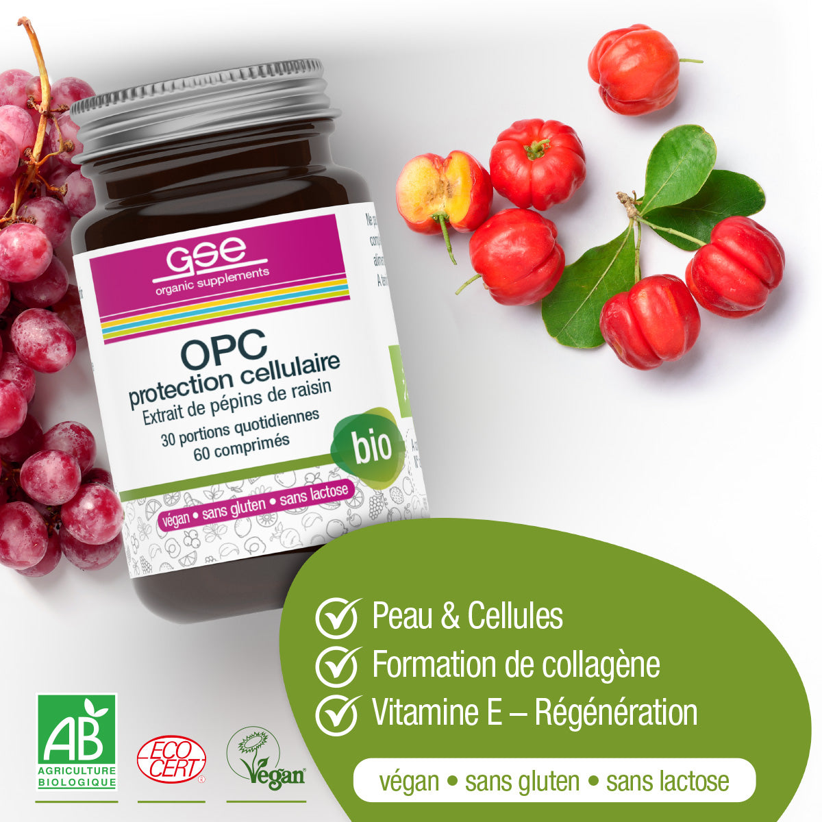 Eine Flasche OPC Zellschutz Complex (Bio) FR von gse.organic.supplements, die als biologisch, vegan, glutenfrei und laktosefrei gekennzeichnet ist, wird neben Trauben und Acerolakirschen mit den wichtigsten Vorteilen auf Französisch gezeigt.