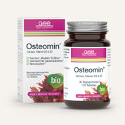 Eine Flasche und eine Schachtel Osteomin® (Bio) von gse.organic.supplements, ein organisches Kalzium-, Vitamin D3- und K2-Ergänzungsmittel für starke Knochen. Weiße Verpackung mit lila/grünen Akzenten, gekennzeichnet als bio, vegan, glutenfrei und laktosefrei.