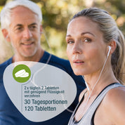 Eine Frau und ein Mann in Sportkleidung mit Kopfhörern joggen im Freien. Deutscher Text hebt Osteomin® (Bio) von gse.organic.supplements hervor: Zweimal täglich 2 Tabletten mit Flüssigkeit einnehmen - 120 Tabletten für 30 Tage zur Unterstützung starker Knochen mit Calcium und Vitamin D3.
