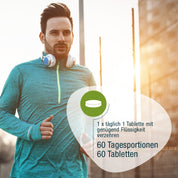 Ein Mann in Sportkleidung läuft im Freien mit Kopfhörern um den Hals. Der deutsche Text wirbt für gse.organic.supplements Selen Compact (Bio): "1 x täglich 1 Tablette mit ausreichend Flüssigkeit verzehren. 60 Tagesportionen, 60 Tabletten.