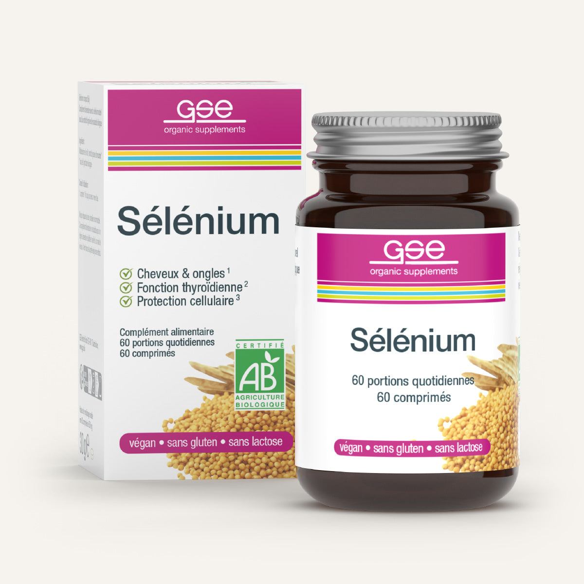 Eine Flasche und eine Schachtel gse.organic.supplements Selen Compact (Bio) FR mit französischem Text, der die Vorteile für Haare, Nägel, Schilddrüse, Zellschutz und das Immunsystem hervorhebt. Die vegane Verpackung ist gluten- und laktosefrei.