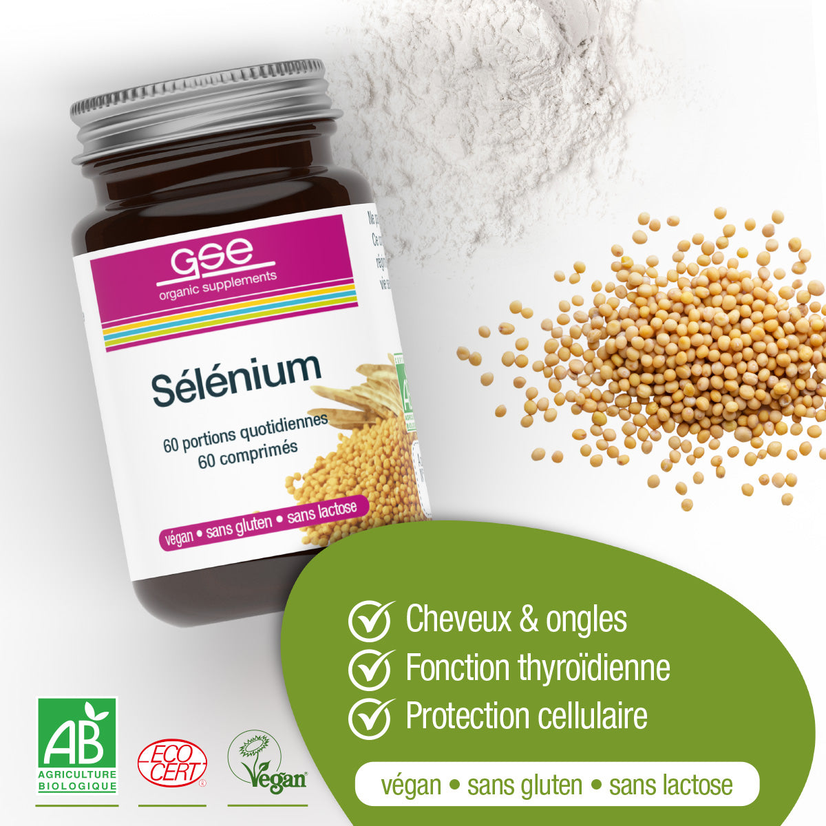 Eine Flasche gse.organic.supplements Selen Compact (Bio) FR steht neben Senfkörnern und Pulver. Das vegane, gluten- und laktosefreie Etikett weist auf die Unterstützung des Immunsystems, die Vorteile für Haare, Nägel und Schilddrüse sowie den Zellschutz hin.
