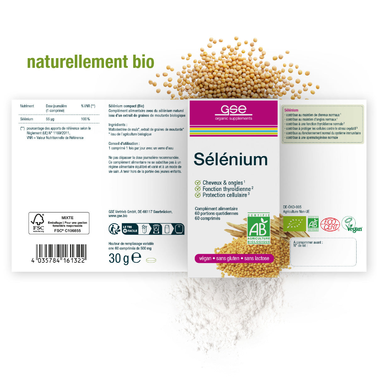 Das Selen Compact (Bio) FR von gse.organic.supplements hat eine Verpackung mit verschütteten Senfkörnern, grünem "naturellement bio"-Text, veganen und glutenfreien Etiketten sowie Informationen über natürliches Selen zur Unterstützung von Immunsystem, Schilddrüse und Zellen.