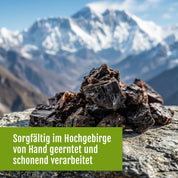 Mehrere Stücke dunkles, getrocknetes Shilajit-Harz von gse.organic.supplements ruhen auf einem Felsen vor verschneitem Himalaya; deutscher Text: Sorgfältig im Hochgebirge von Hand geerntet und schonend verarbeitet.