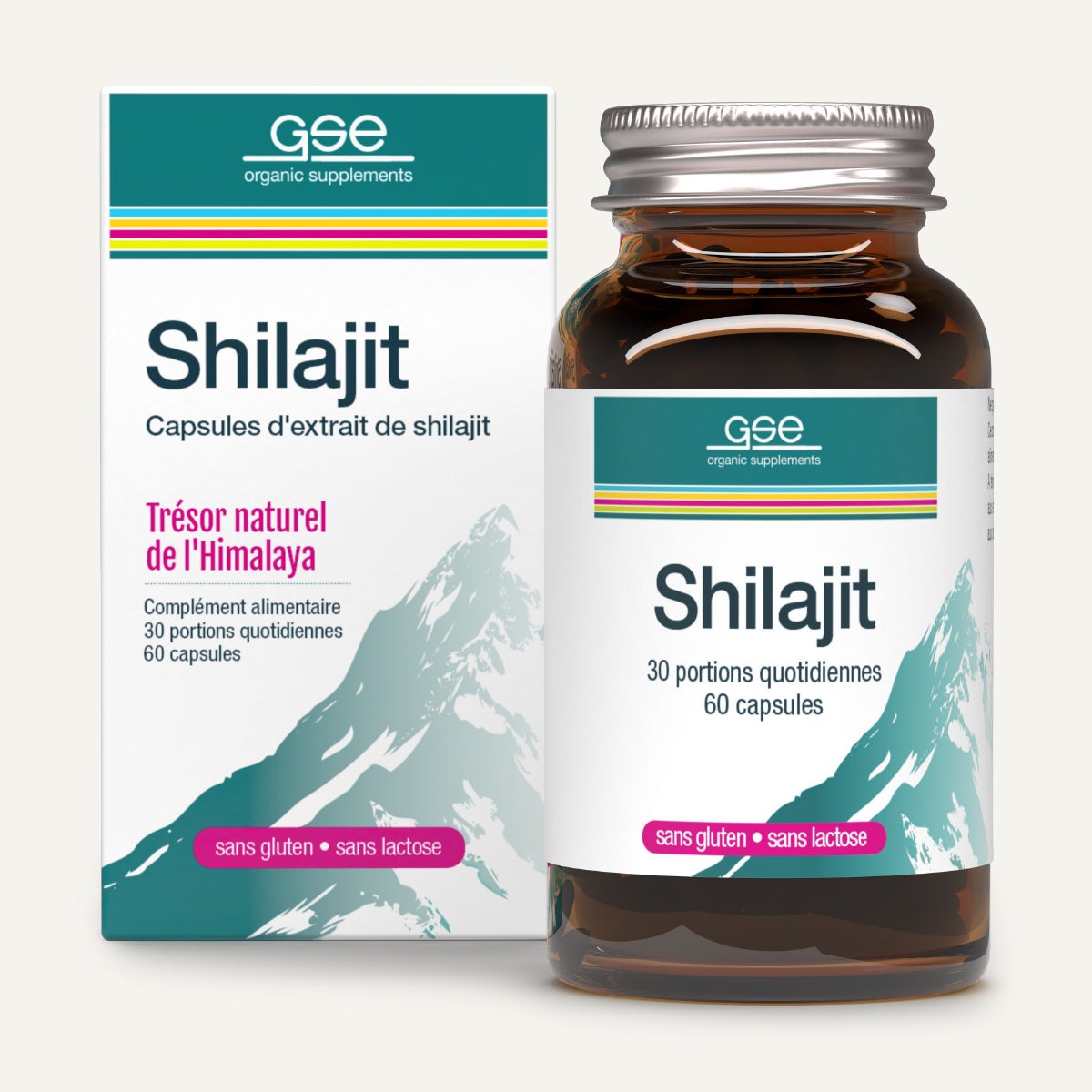 Eine Flasche und eine Schachtel „gse.organic.supplements Shilajit – Une tradition naturelle issue de l’Himalaya“ mit vom Himalaya inspirierten Grafiken und französischem Text auf der Verpackung, auf der hervorgehoben wird, dass das Produkt 60 Kapseln enthält und gluten- sowie laktosefrei ist.