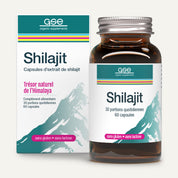 Eine Flasche und eine Schachtel „gse.organic.supplements Shilajit – Une tradition naturelle issue de l’Himalaya“ mit vom Himalaya inspirierten Grafiken und französischem Text auf der Verpackung, auf der hervorgehoben wird, dass das Produkt 60 Kapseln enthält und gluten- sowie laktosefrei ist.