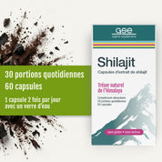 Eine Packung „Shilajit – Une tradition naturelle issue de l’Himalaya“ von gse.organic.supplements ist neben losen Kapseln und Shilajit-Pulver ausgestellt. Der Text weist auf 30 Tagesportionen (60 Kapseln) hin und empfiehlt die Einnahme von 1 Kapsel zweimal täglich mit Wasser. Die Verpackung zeigt eine Bergillustration, die an die reine Herkunft des Shilajit aus dem Himalaya erinnert.
