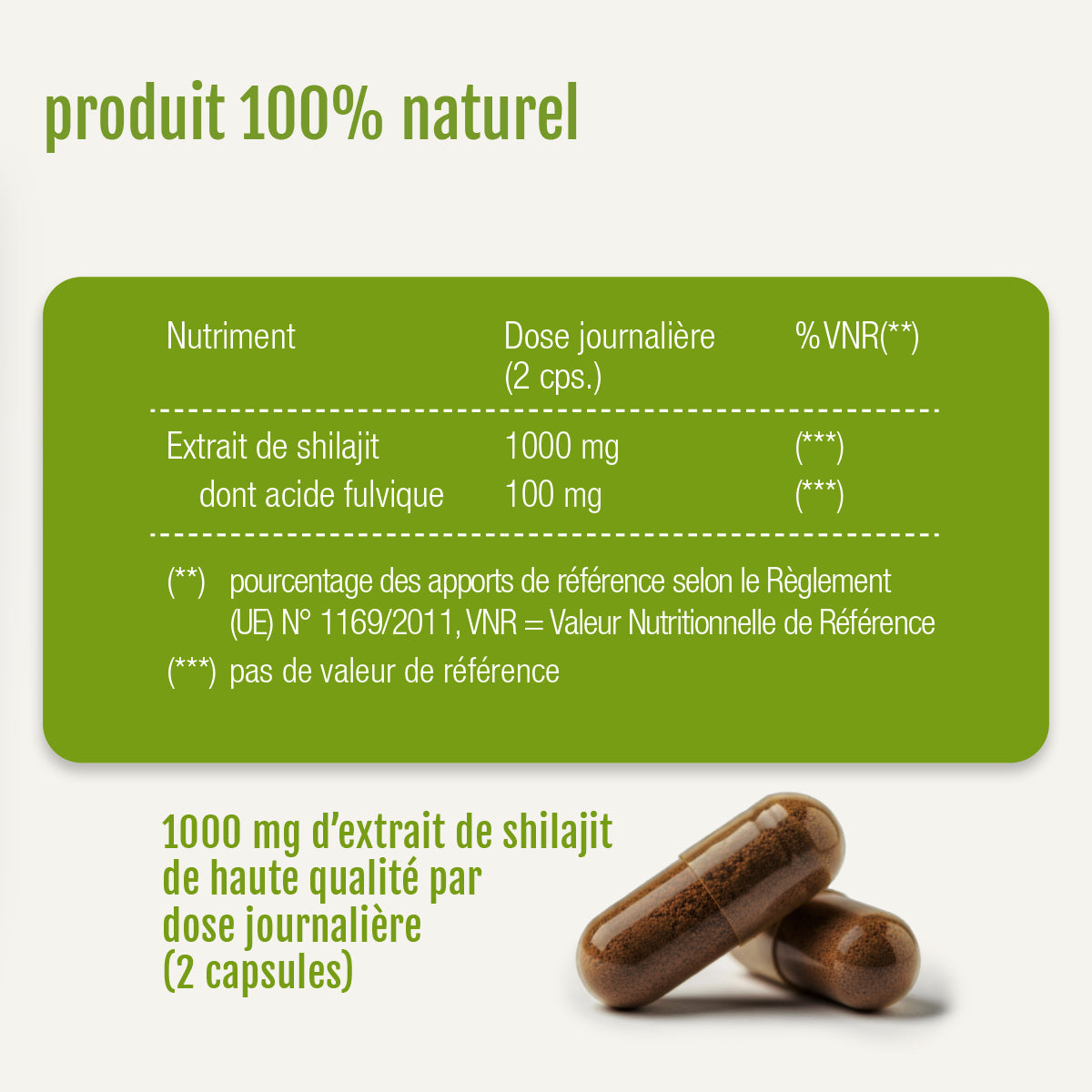 Auf einem grün-weißen Etikett sind die Tagesdosis (2 Kapseln) von „Shilajit – Une tradition naturelle issue de l’Himalaya“ von gse.organic.supplements angegeben, die Nährwertangaben aufgeführt und zwei braune Kapseln abgebildet. Der französische Text hebt hervor, dass jede Tagesdosis 1000 mg hochwertigen Shilajit-Extrakt enthält.