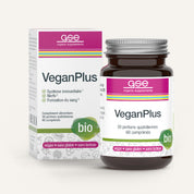 Eine Flasche und eine Schachtel gse.organic.supplements VeganPlus (Bio) FR haben eine weiße Verpackung mit grünen und rosa Akzenten. Biozertifiziert, vegan, ohne Gluten/Laktose, unterstützen sie Immunität, Nerven & Blutbildung-ideal für eine vegane Ernährung.