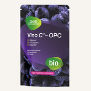 Eine Packung des Nahrungsergänzungsmittels Vino C® - OPC (Bio) von gse.organic.supplements mit dunklen Trauben enthält Bio-OPC aus Traubenkernkonzentrat und ist vegan, glutenfrei und laktosefrei.