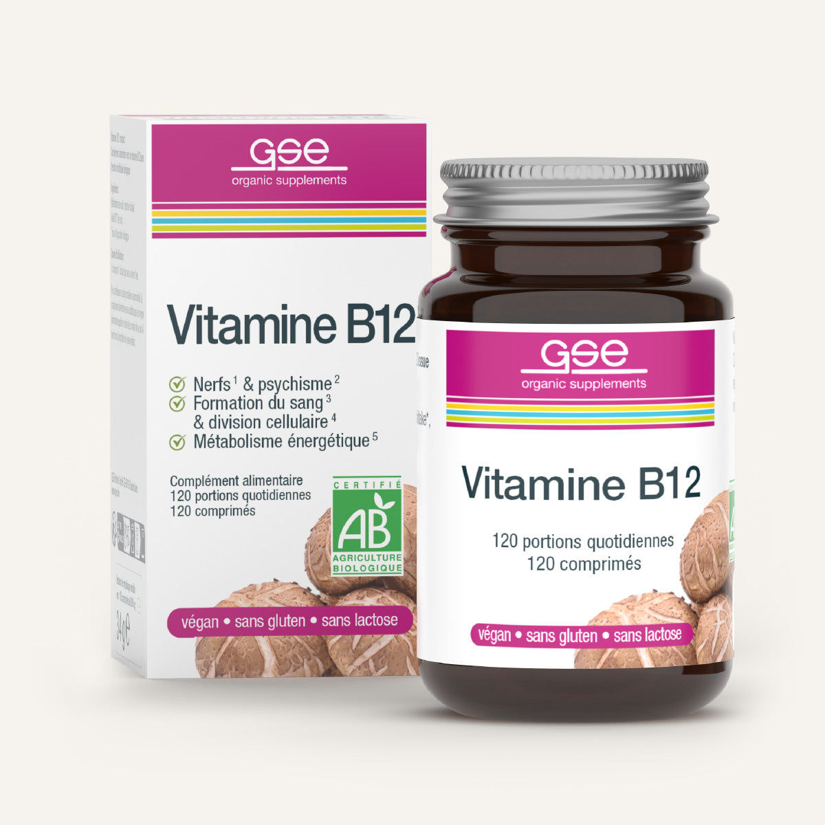 Eine Flasche und Schachtel gse.organic.supplements Vitamin B12 Compact (Bio) FR, vegan, glutenfrei, laktosefrei, mit 120 Tabletten. Mit lila, grüner und weißer Verpackung und französischer Beschriftung.