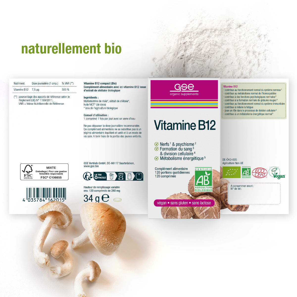 Schachtel gse.organic.supplements Vitamin B12 Compact (Bio) FR mit Verpackung, Shiitake-Pilzen und Pulver; auf der Verpackung sind Bio-Zertifizierungen, Produktdetails und "naturellement bio" in Grün zu sehen.
