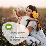 Eine Frau mit einer gelben Blume umarmt ein Mädchen in einem Kleefeld. Französischer Text überlagert: Vitamin B12 Compact (Bio) FR von gse.organic.supplements-vegan, 1 Tablette täglich, 120 Portionen, 120 Tabletten.