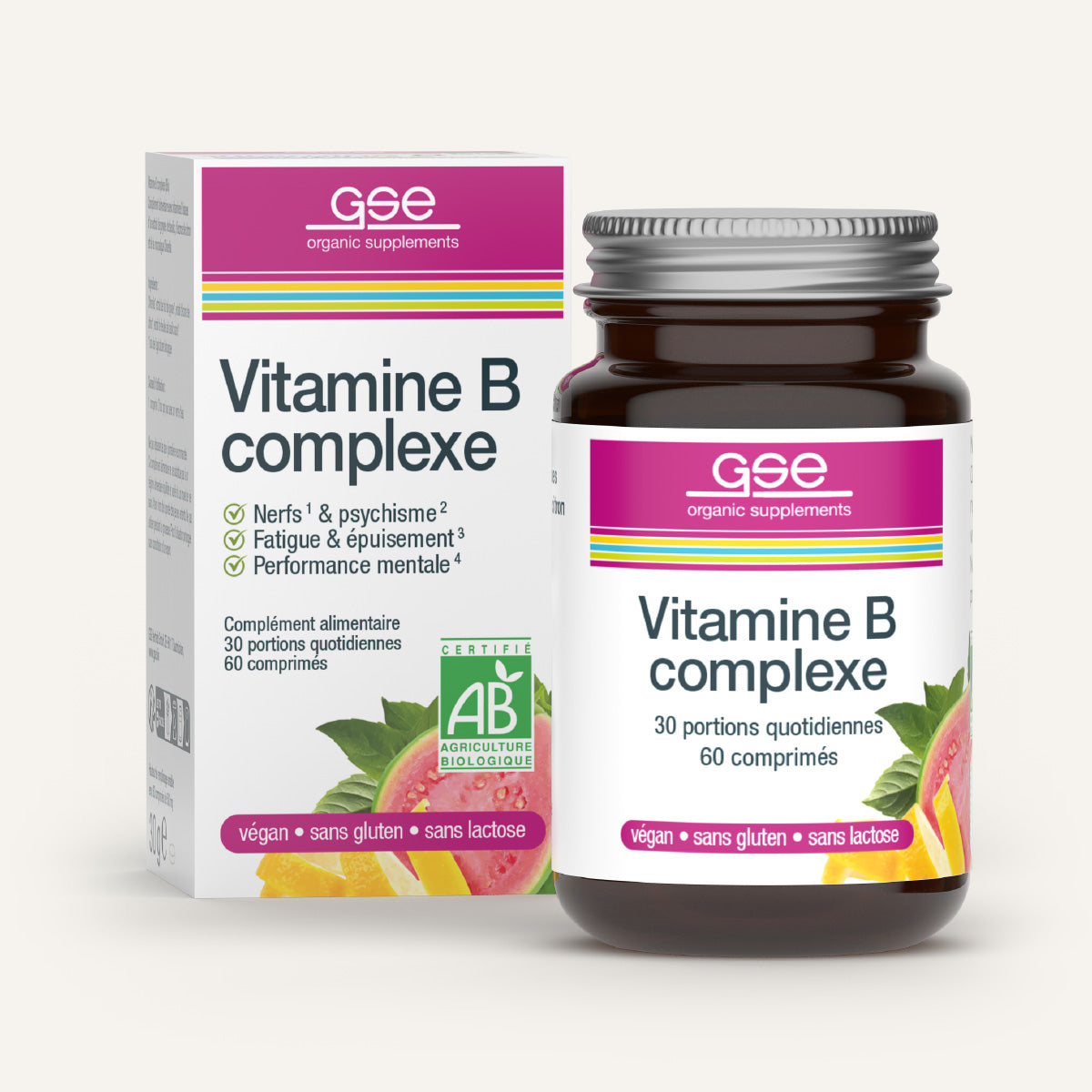 Eine Flasche und eine Schachtel gse.organic.supplements Vitamin B Complex (Bio) FR - ein pflanzliches Nahrungsergänzungsmittel in weißer, rosa und grüner Verpackung mit französischem Etikett, das die veganen, glutenfreien und laktosefreien Vorteile hervorhebt.