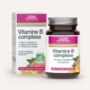 Eine Flasche und eine Schachtel gse.organic.supplements Vitamin B Complex (Bio) FR - ein pflanzliches Nahrungsergänzungsmittel in weißer, rosa und grüner Verpackung mit französischem Etikett, das die veganen, glutenfreien und laktosefreien Vorteile hervorhebt.