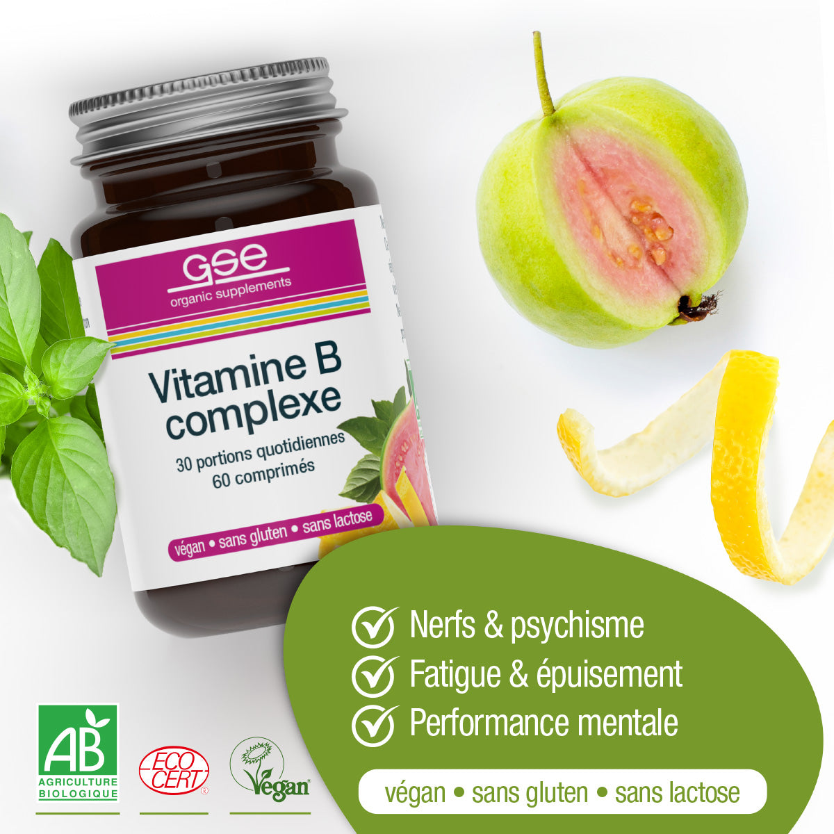 Abgebildet ist eine Flasche gse.organic.supplements Vitamin B Complex (Bio) FR, die als vegan, gluten- und laktosefrei gekennzeichnet ist. Eine Feige, eine Zitronenschale und Icons unterstreichen die Vorteile der B-Vitamine für die geistige Leistungsfähigkeit.