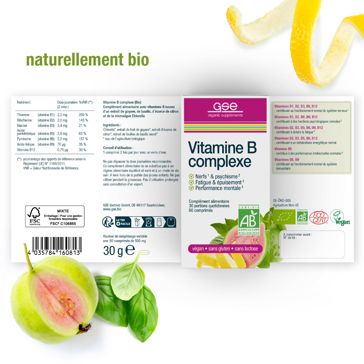 Eine Schachtel Vitamin B-Komplex (Bio) FR von gse.organic.supplements ist mit den Fakten zur Nahrungsergänzung, Guave, Blättern und Zitrusschalen abgebildet. Vegan, biologisch, gluten- und laktosefrei - perfekt für Ihren täglichen Bedarf an B-Vitaminen.