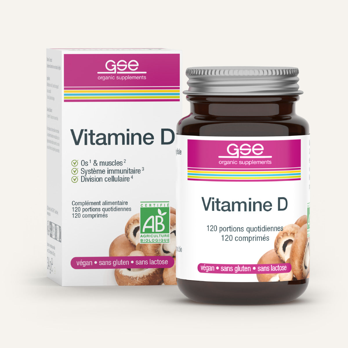 Eine Flasche und eine Schachtel gse.organic.supplements Vitamin D Compact (Bio) FR mit 120 Tabletten, die sich durch vegane, glutenfreie und laktosefreie Eigenschaften auszeichnen, sowie Pilzbilder zur Unterstützung eines gesunden Immunsystems.
