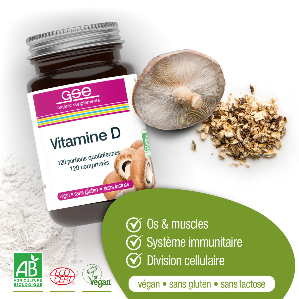 Eine Flasche gse.organic.supplements Vitamin D Compact (Bio) FR ist mit Pilzen abgebildet. Die Icons zeigen, dass es vegan, glutenfrei und laktosefrei ist. Der französische Text hebt die Vorteile für Knochen, Muskeln, das Immunsystem und die Zellteilung hervor.